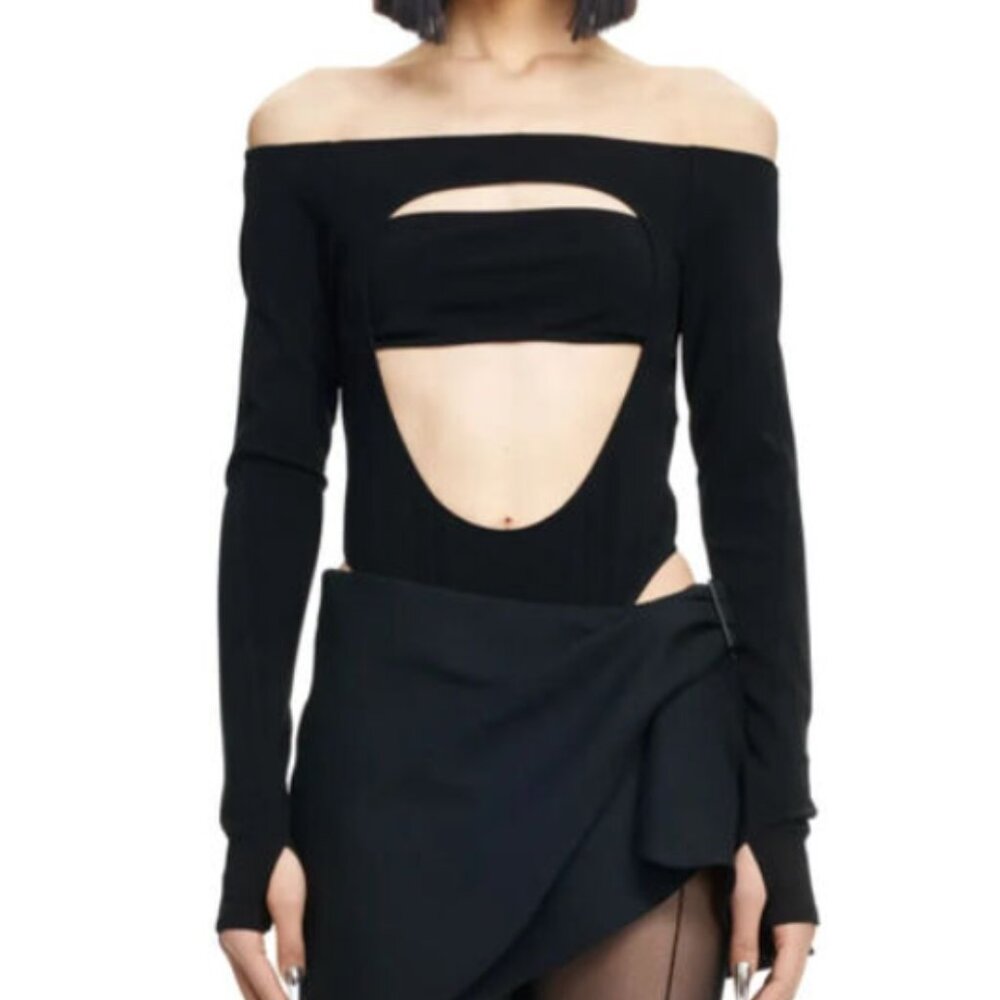 Mugler Black Off-Shoulder Bodysuit